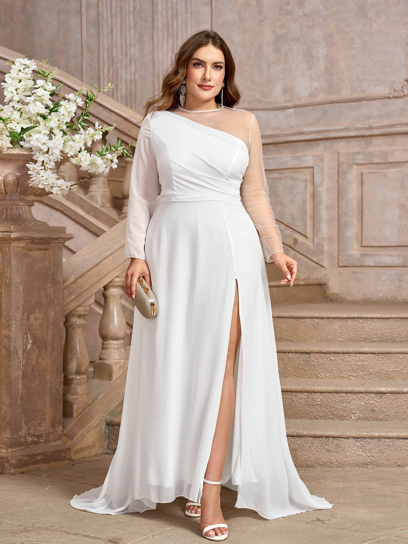 Chiffon One-Shoulder Maxi Dress with Sheer Sleeve and Slit