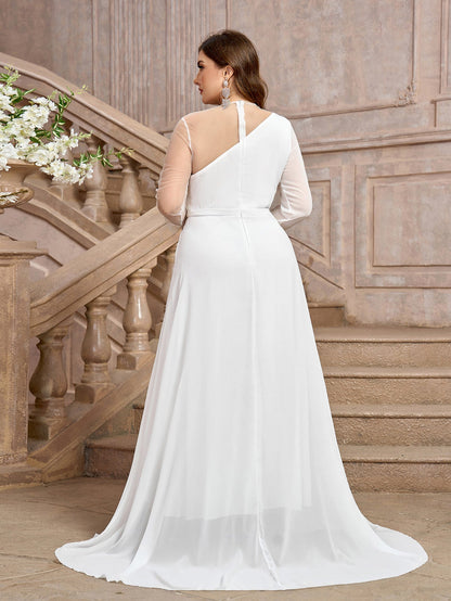 Chiffon One-Shoulder Maxi Dress with Sheer Sleeve and Slit