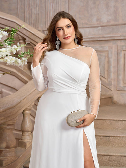 Chiffon One-Shoulder Maxi Dress with Sheer Sleeve and Slit