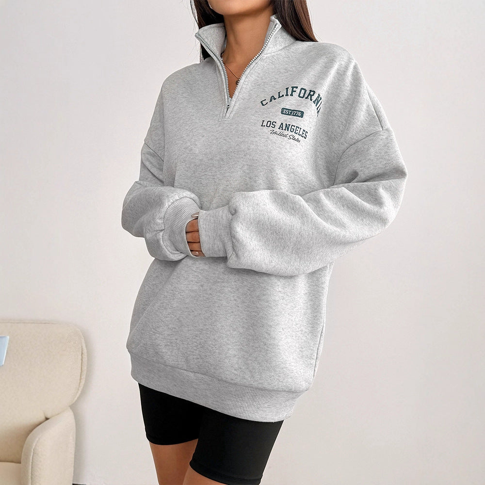 Loose Fit Letter Print Sweatshirt with Quarter-Zip Polo Collar