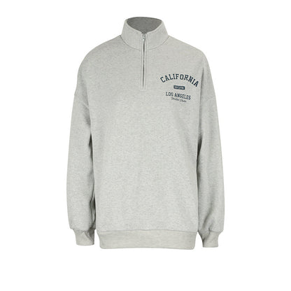 Loose Fit Letter Print Sweatshirt with Quarter-Zip Polo Collar