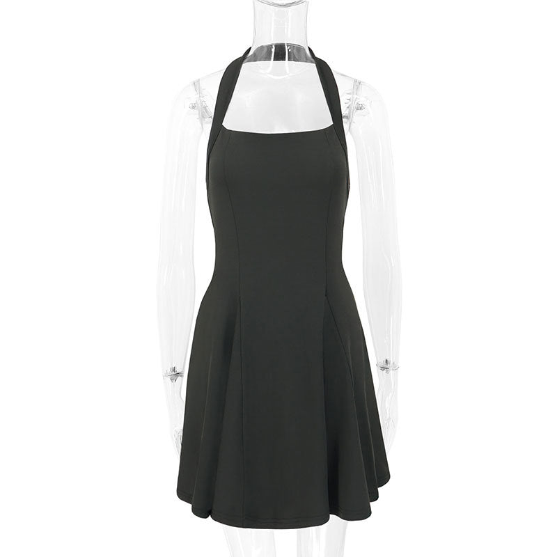 Solid A-Line Mini Dress with Halter Neck and Backless Detail
