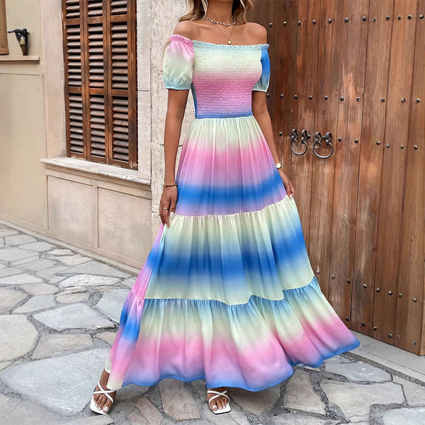 Rainbow Tie-Dye Maxi Dress with Off-Shoulder Smocked Bodice and Tiered Skirt