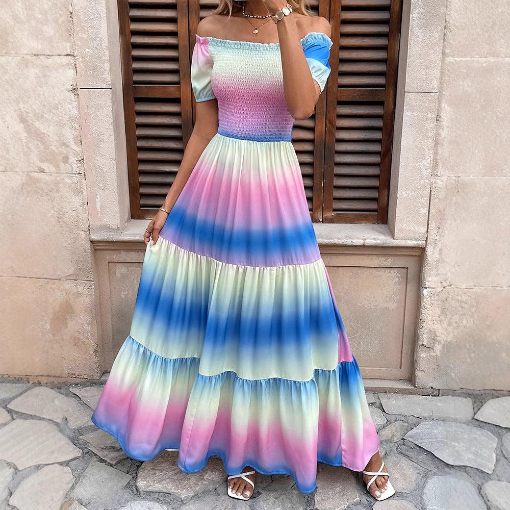 Rainbow Tie-Dye Maxi Dress with Off-Shoulder Smocked Bodice and Tiered Skirt