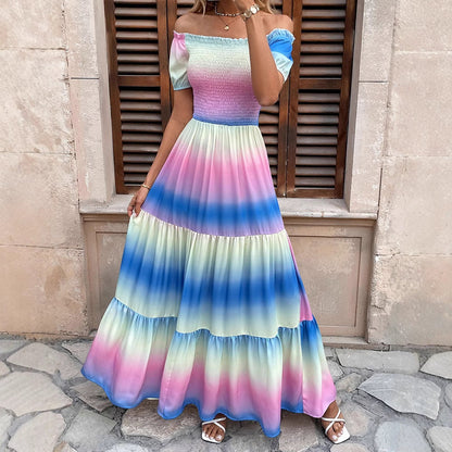 Rainbow Tie-Dye Maxi Dress with Off-Shoulder Smocked Bodice and Tiered Skirt