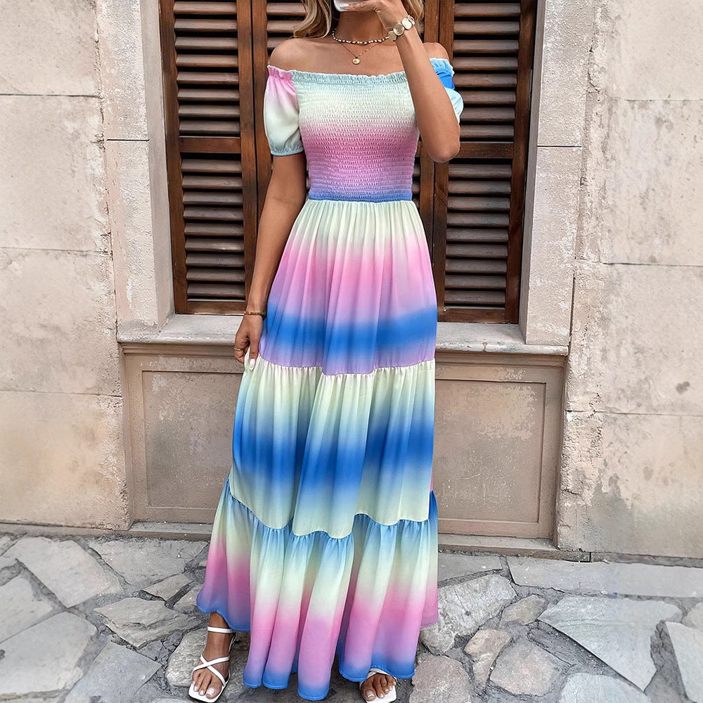Rainbow Tie-Dye Maxi Dress with Off-Shoulder Smocked Bodice and Tiered Skirt