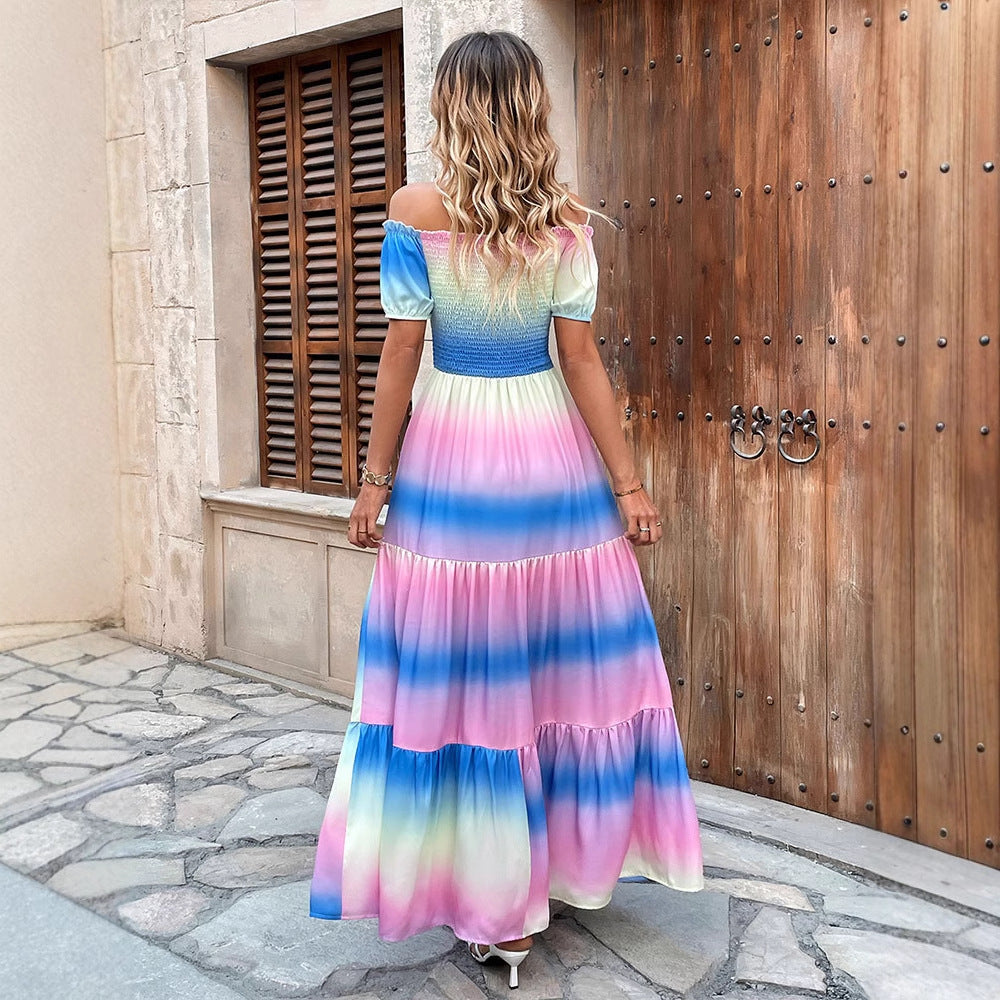 Rainbow Tie-Dye Maxi Dress with Off-Shoulder Smocked Bodice and Tiered Skirt