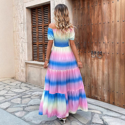 Rainbow Tie-Dye Maxi Dress with Off-Shoulder Smocked Bodice and Tiered Skirt