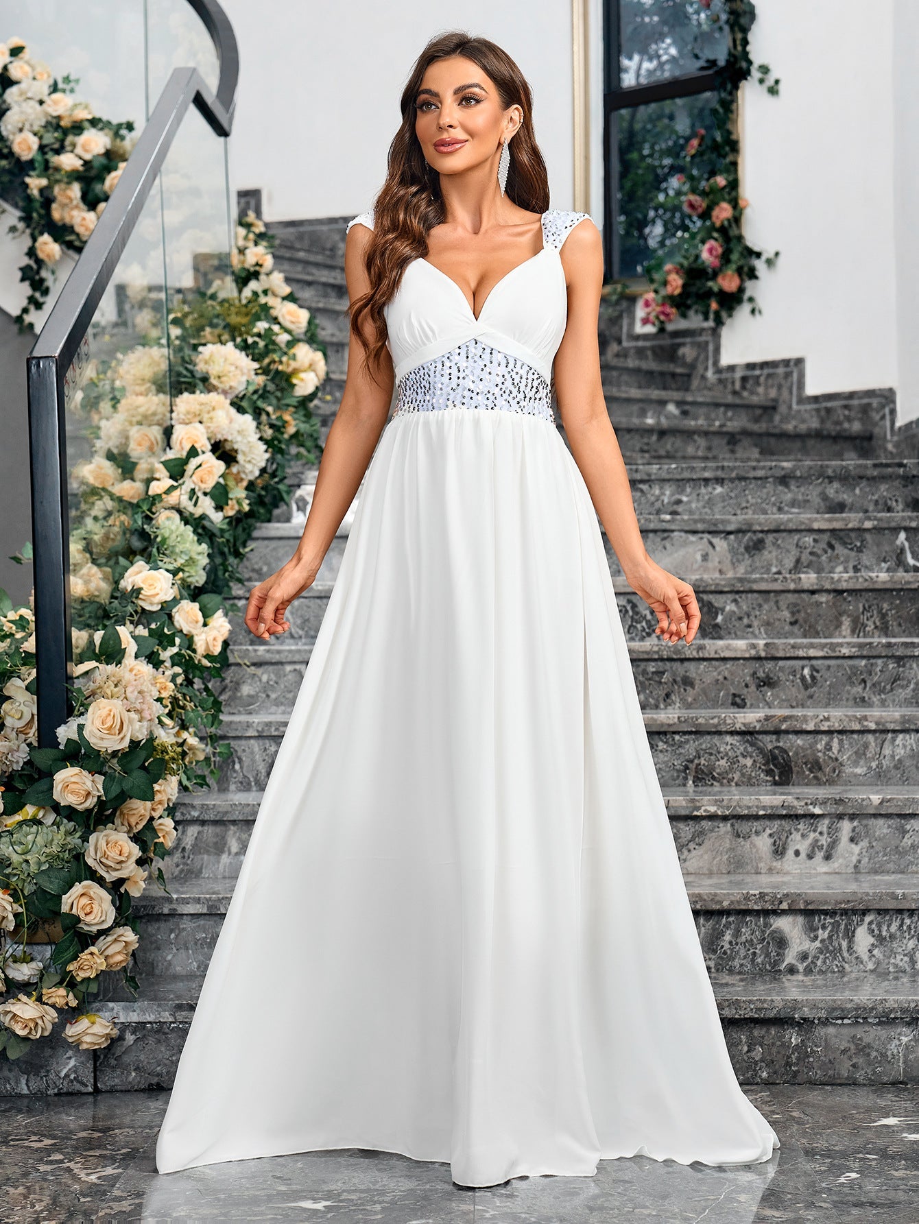 White A-Line Maxi Dress with Sequined Waist and V-Neck