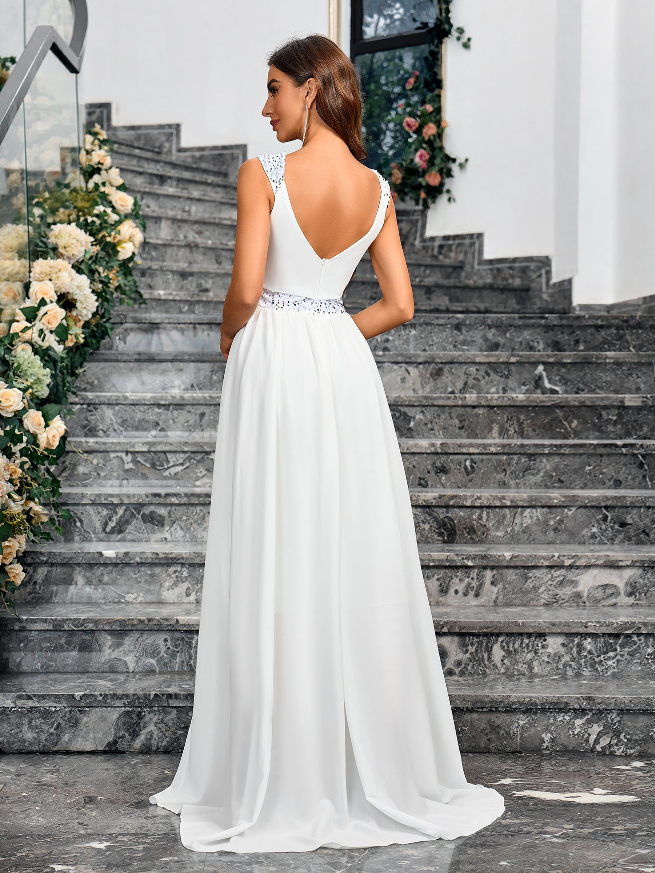 White A-Line Maxi Dress with Sequined Waist and V-Neck