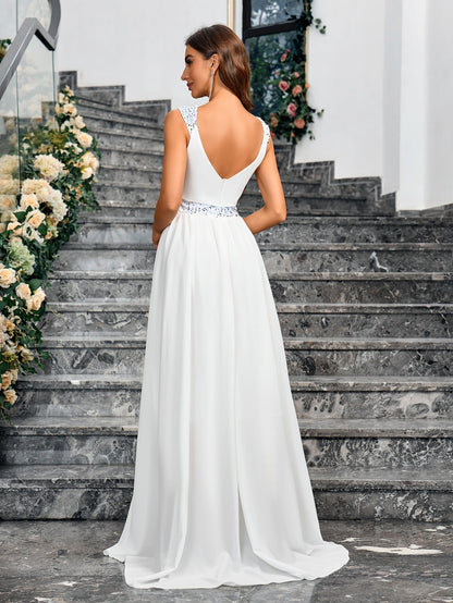 White A-Line Maxi Dress with Sequined Waist and V-Neck