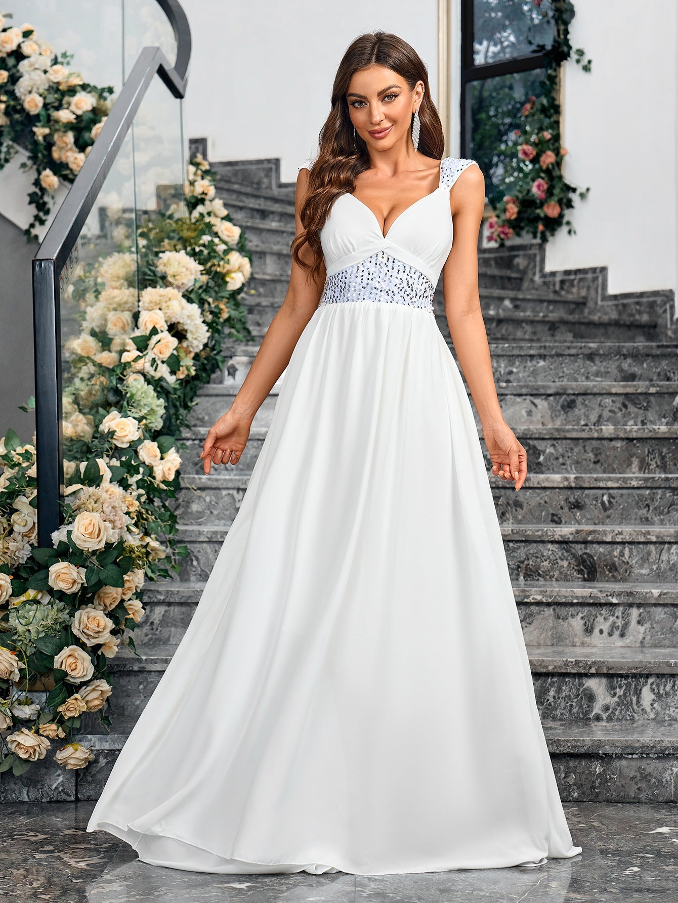 White A-Line Maxi Dress with Sequined Waist and V-Neck