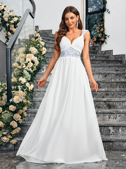 White A-Line Maxi Dress with Sequined Waist and V-Neck