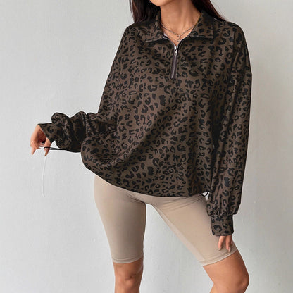 Oversized Leopard Print Pullover with Quarter-Zip Lapel