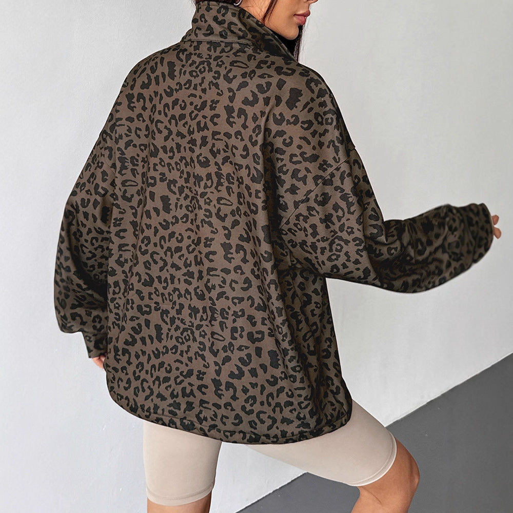 Oversized Leopard Print Pullover with Quarter-Zip Lapel