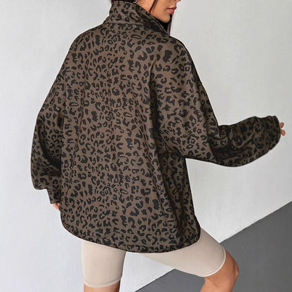 Oversized Leopard Print Pullover with Quarter-Zip Lapel