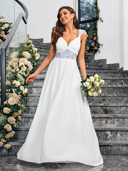 White A-Line Maxi Dress with Sequined Waist and V-Neck
