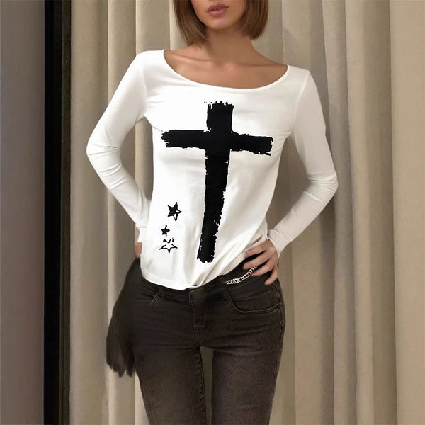 Slim Fit Long Sleeve Top with Cross and Star Print