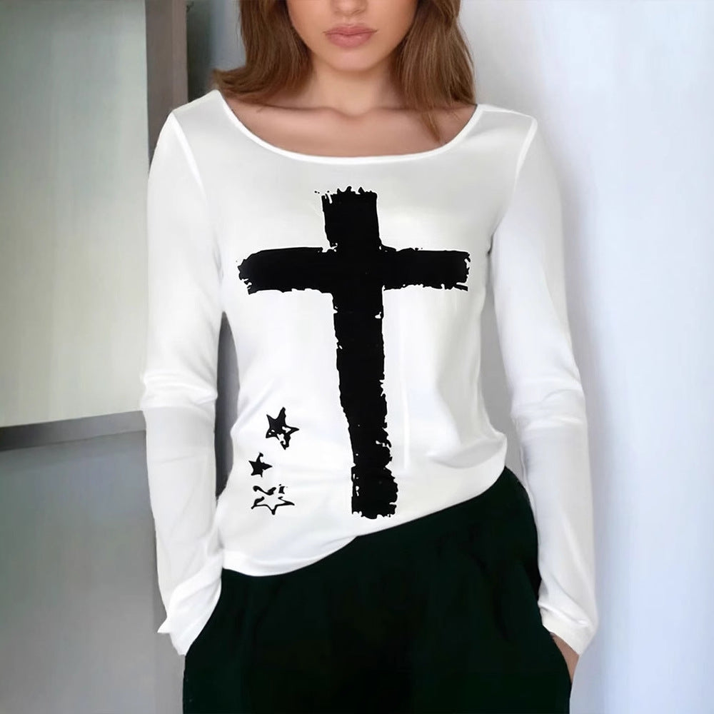 Slim Fit Long Sleeve Top with Cross and Star Print