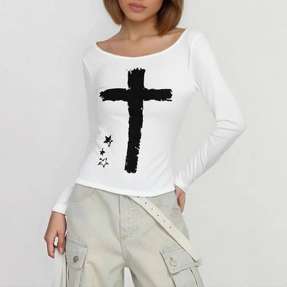 Slim Fit Long Sleeve Top with Cross and Star Print