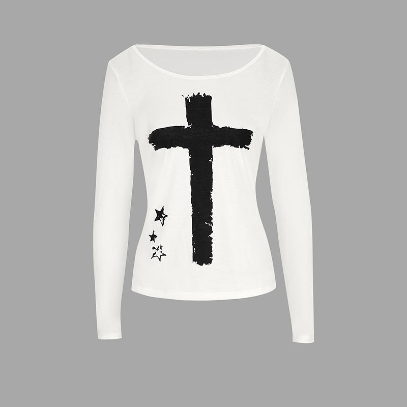 Slim Fit Long Sleeve Top with Cross and Star Print