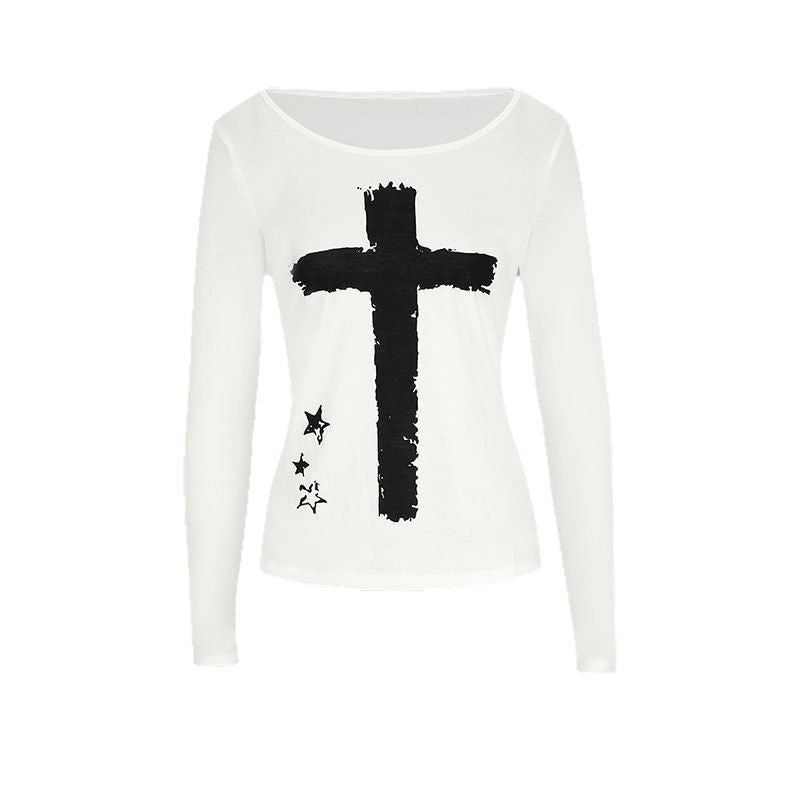 Slim Fit Long Sleeve Top with Cross and Star Print