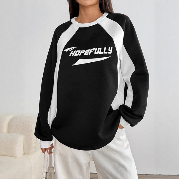 Oversized Color Block Raglan Sweatshirt with Letter Print