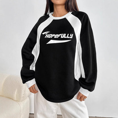 Oversized Color Block Raglan Sweatshirt with Letter Print
