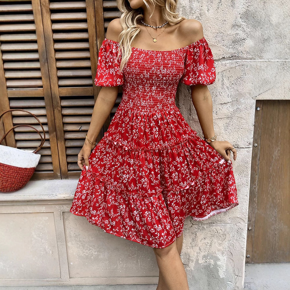 Red Floral Print Midi Dress with Shirred Bodice and Tiered Skirt
