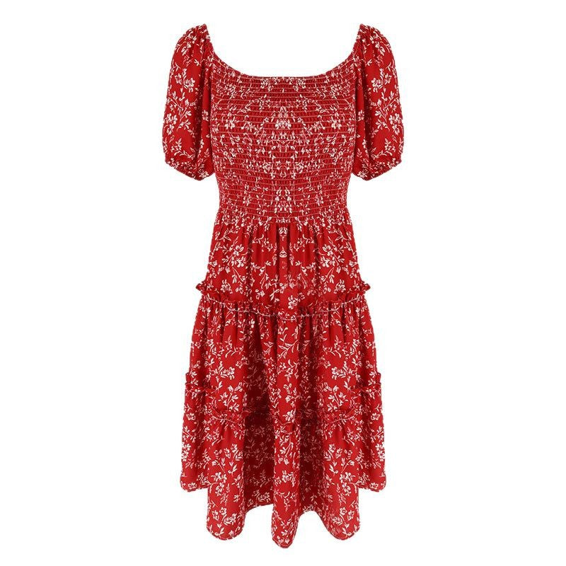Red Floral Print Midi Dress with Shirred Bodice and Tiered Skirt