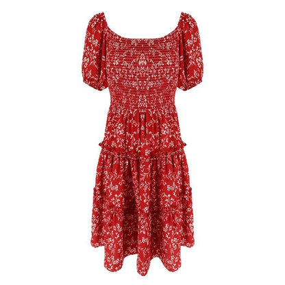 Red Floral Print Midi Dress with Shirred Bodice and Tiered Skirt