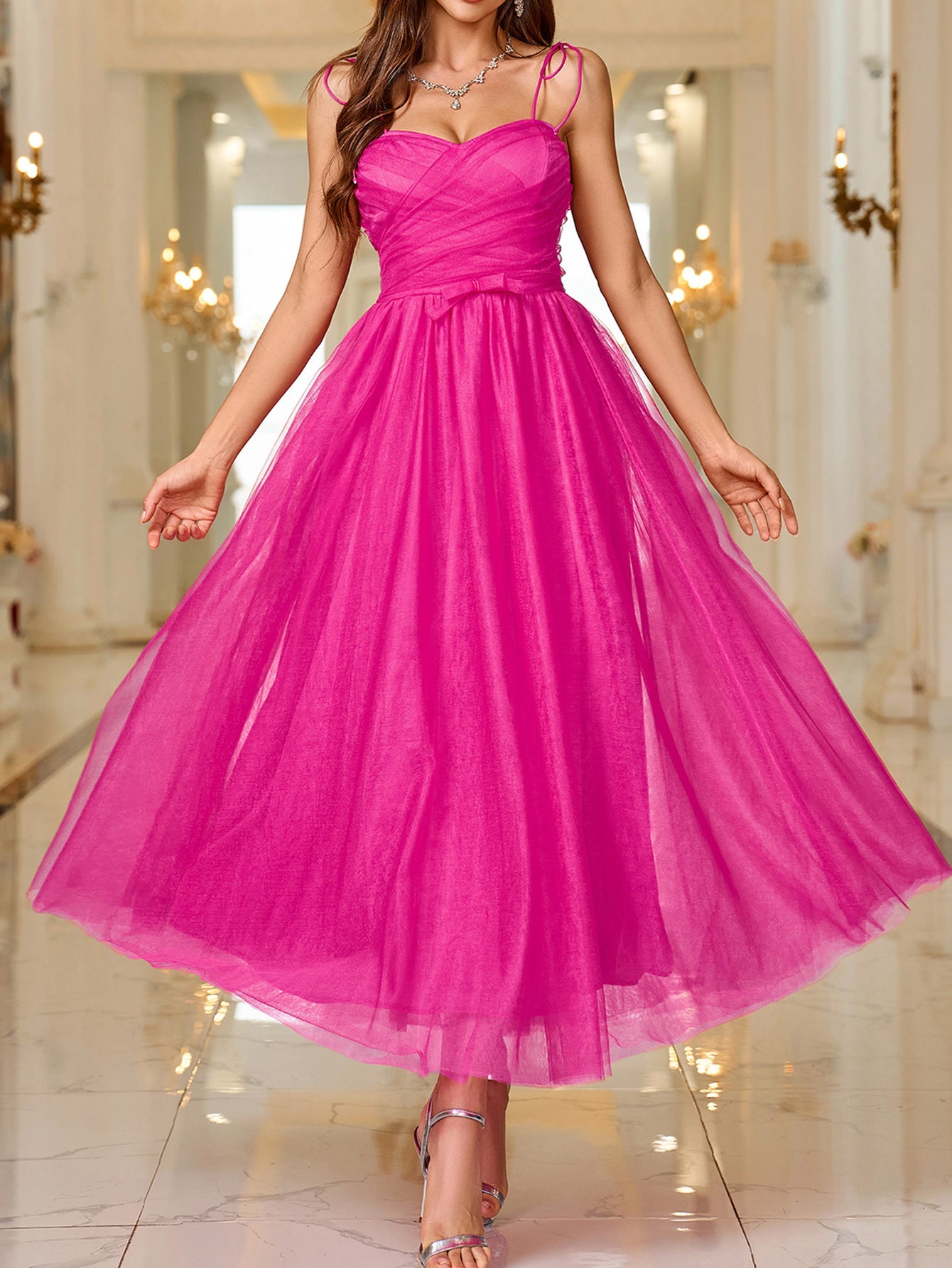 Solid A-Line Mesh Midi Dress with Sweetheart Neckline and Spaghetti Straps