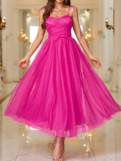 Solid A-Line Mesh Midi Dress with Sweetheart Neckline and Spaghetti Straps