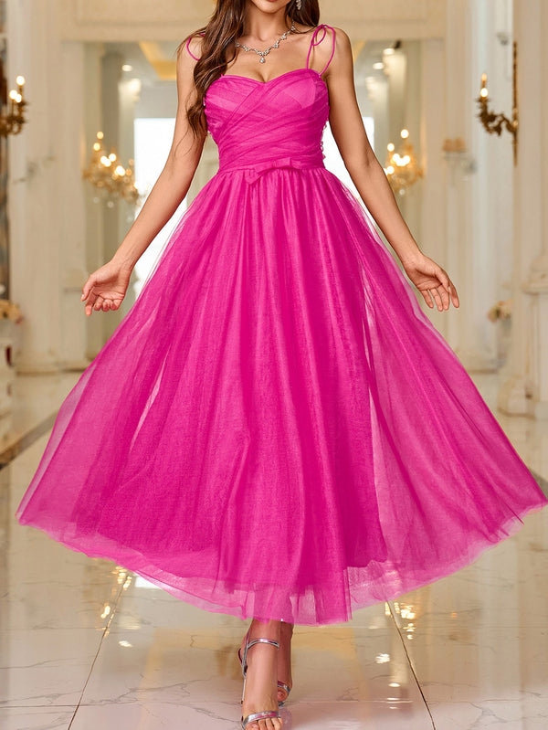 Solid A-Line Mesh Midi Dress with Sweetheart Neckline and Spaghetti Straps