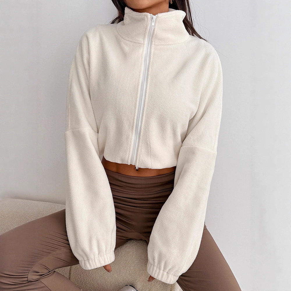 Cropped Fleece Zip-Up Jacket with Stand Collar