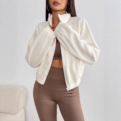 Cropped Fleece Zip-Up Jacket with Stand Collar
