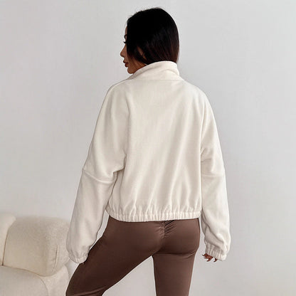 Cropped Fleece Zip-Up Jacket with Stand Collar