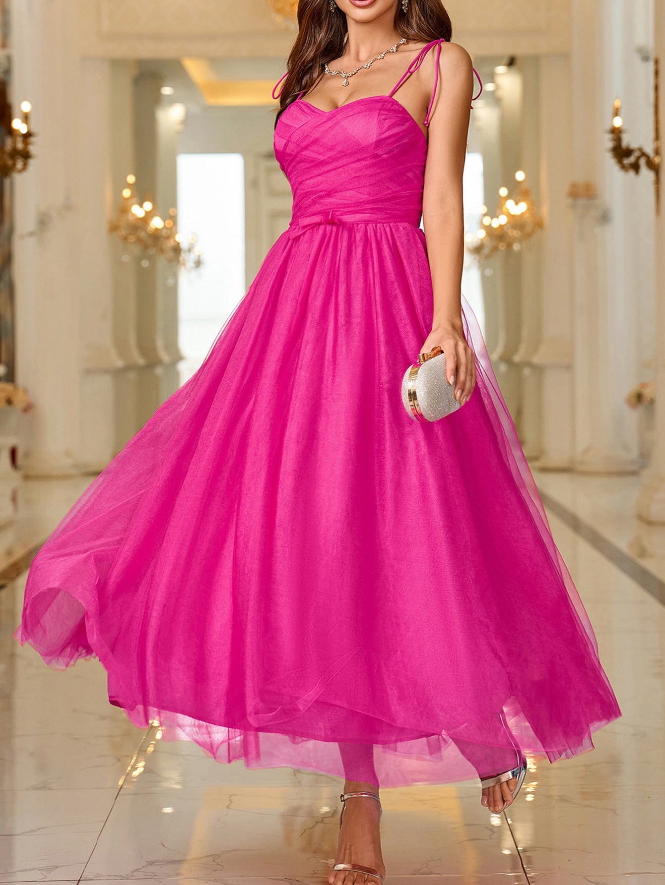 Solid A-Line Mesh Midi Dress with Sweetheart Neckline and Spaghetti Straps