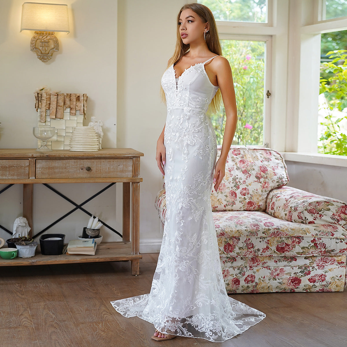 Sheath Maxi Dress with Deep V-Neck and Lace Overlay