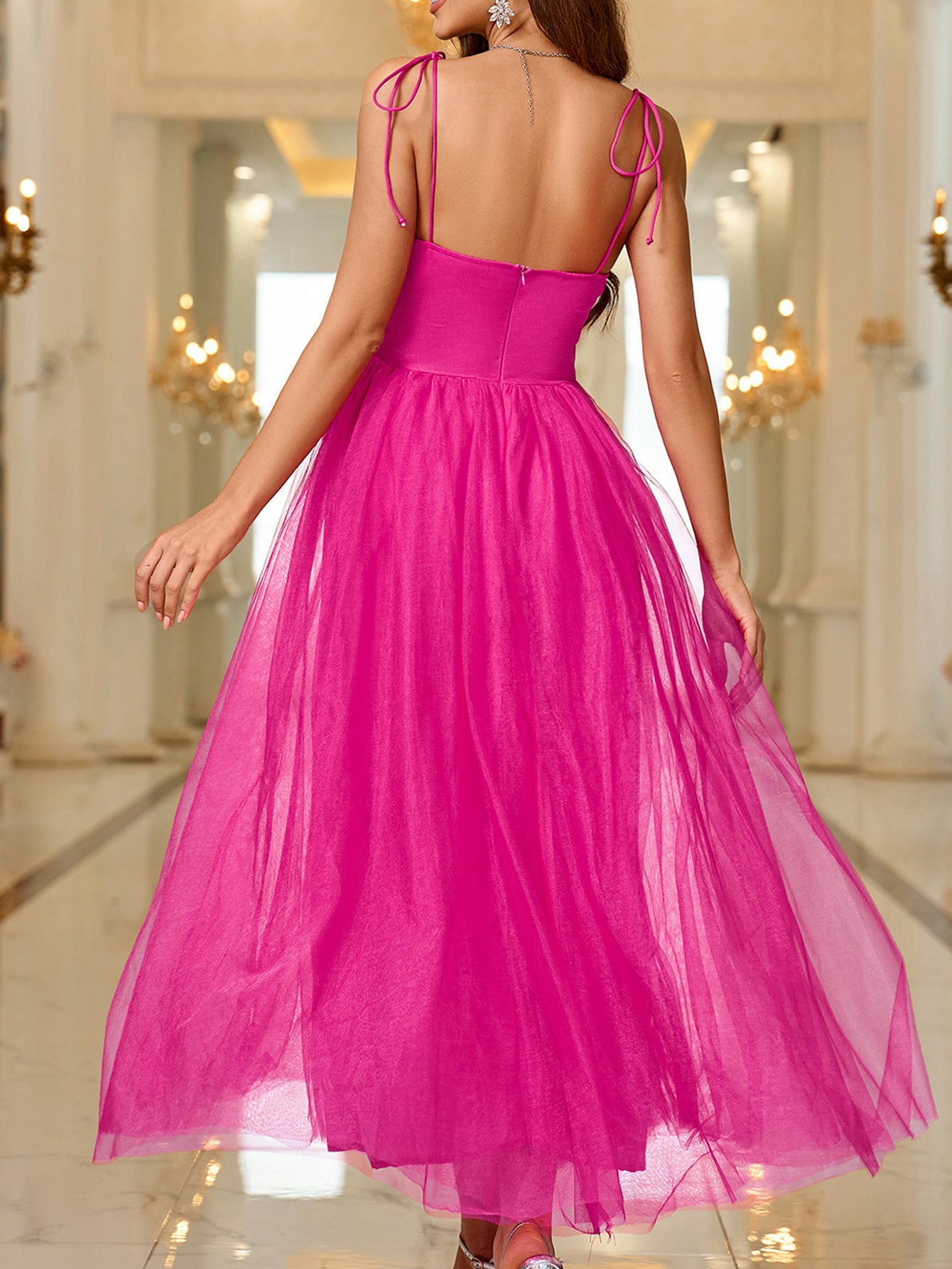 Solid A-Line Mesh Midi Dress with Sweetheart Neckline and Spaghetti Straps