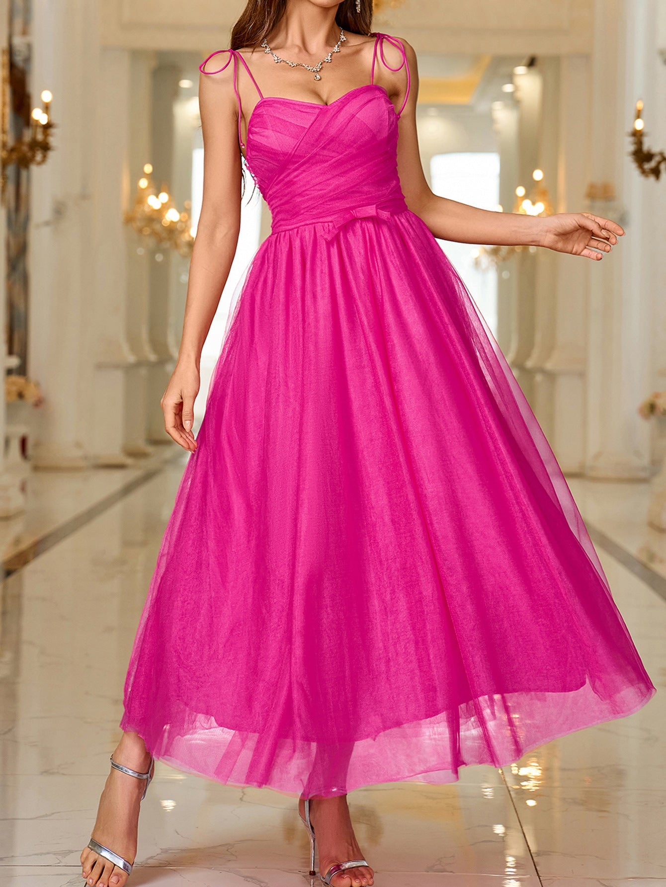 Solid A-Line Mesh Midi Dress with Sweetheart Neckline and Spaghetti Straps