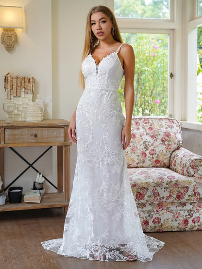 Sheath Maxi Dress with Deep V-Neck and Lace Overlay