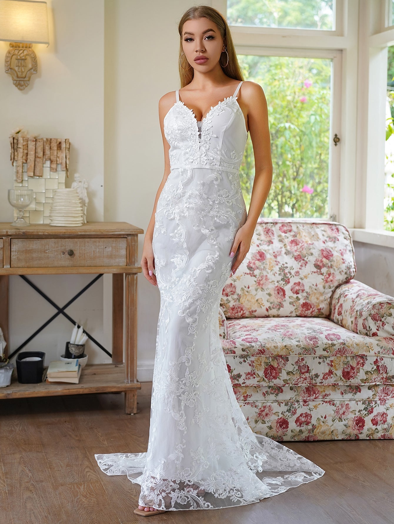 Sheath Maxi Dress with Deep V-Neck and Lace Overlay