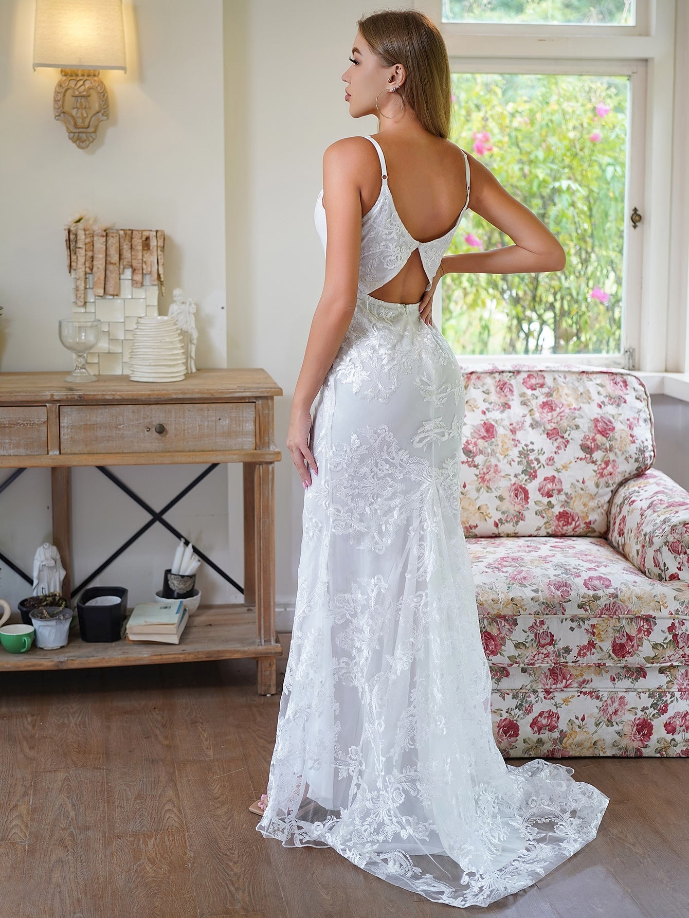 Sheath Maxi Dress with Deep V-Neck and Lace Overlay
