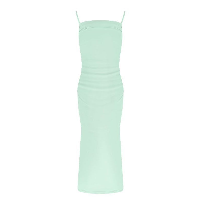 Solid Bodycon Midi Dress with Ruched Bodice and Spaghetti Straps