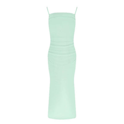 Solid Bodycon Midi Dress with Ruched Bodice and Spaghetti Straps