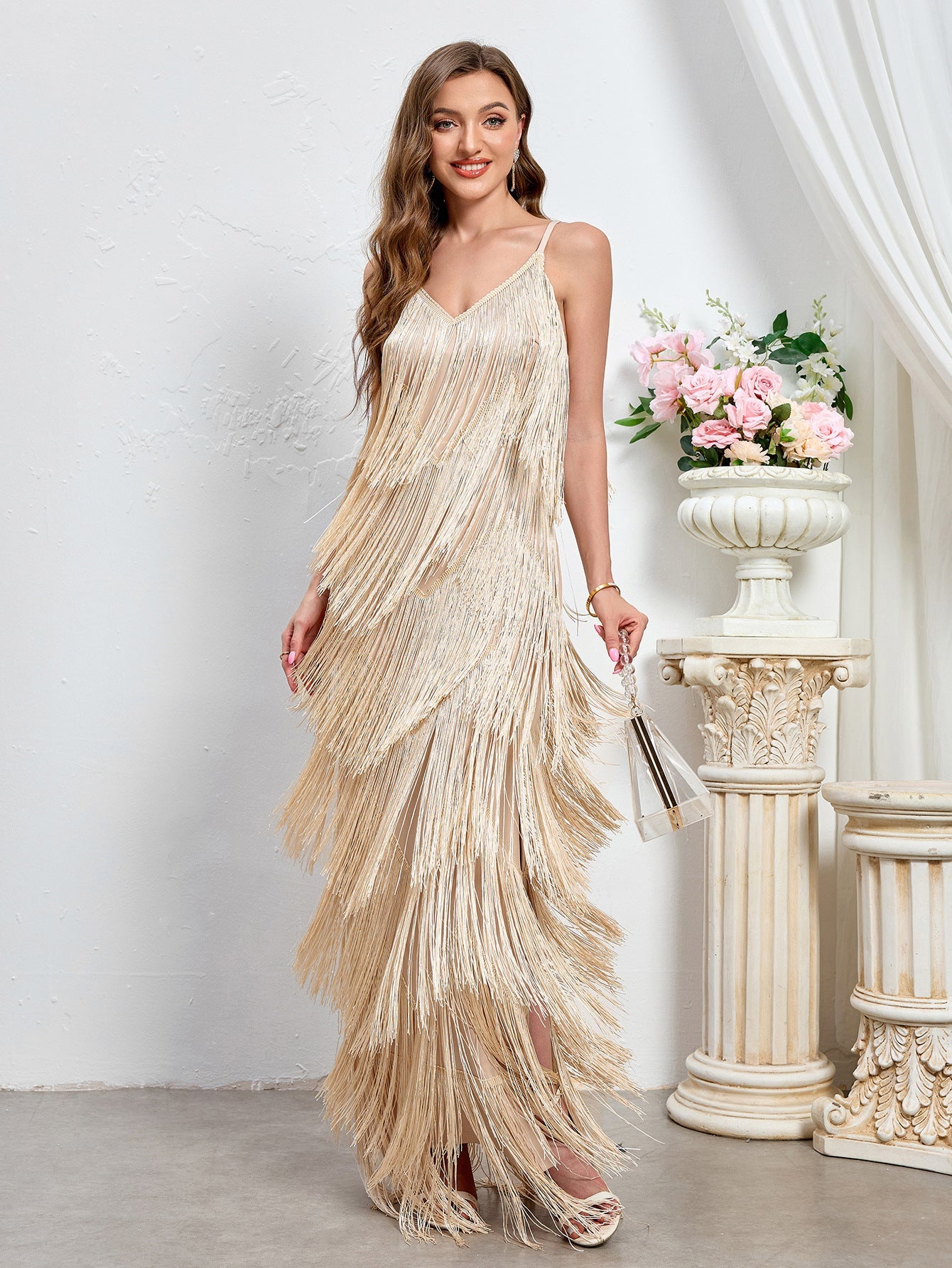Sleeveless Tassel Maxi Dress with Deep V-Neck