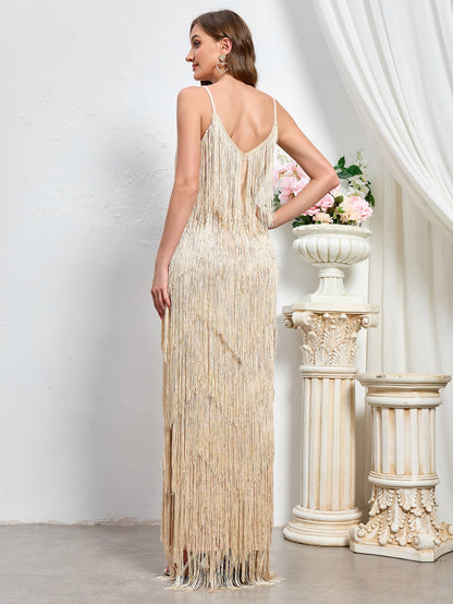Sleeveless Tassel Maxi Dress with Deep V-Neck