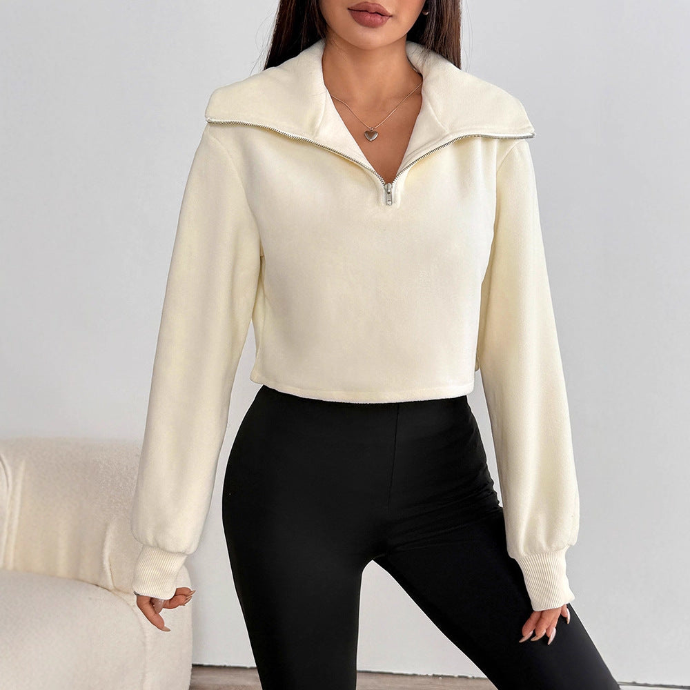 Solid Cropped Sweatshirt with Lapel Collar and Quarter-Zip