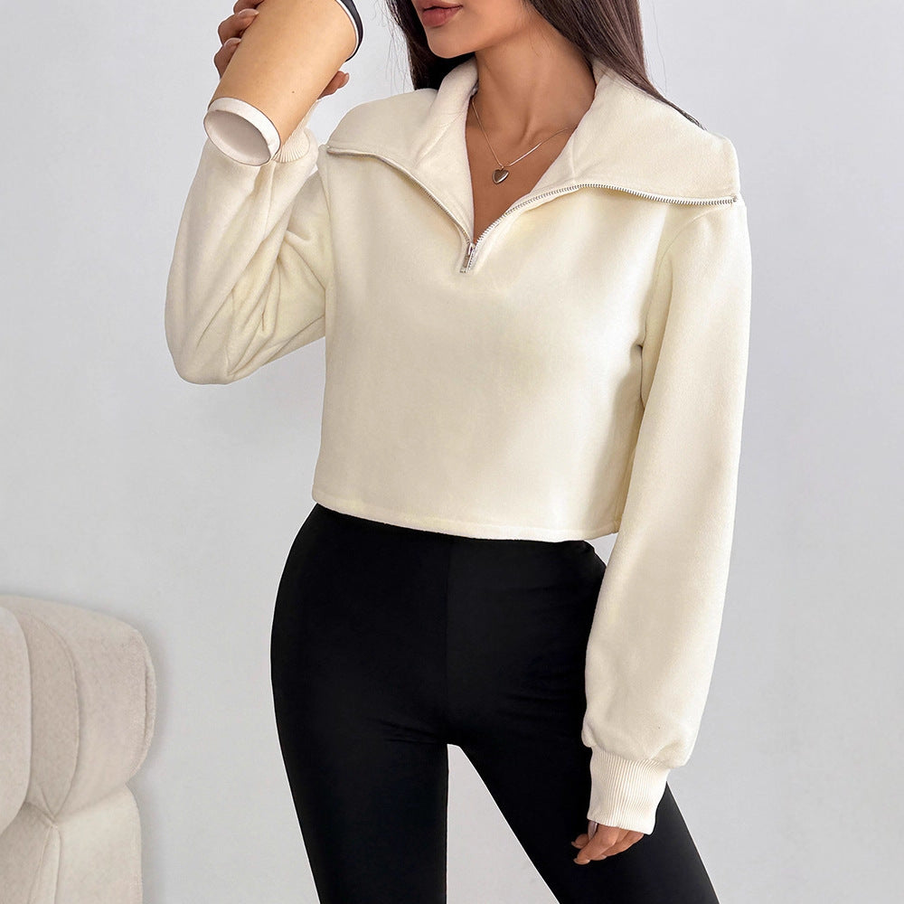 Solid Cropped Sweatshirt with Lapel Collar and Quarter-Zip
